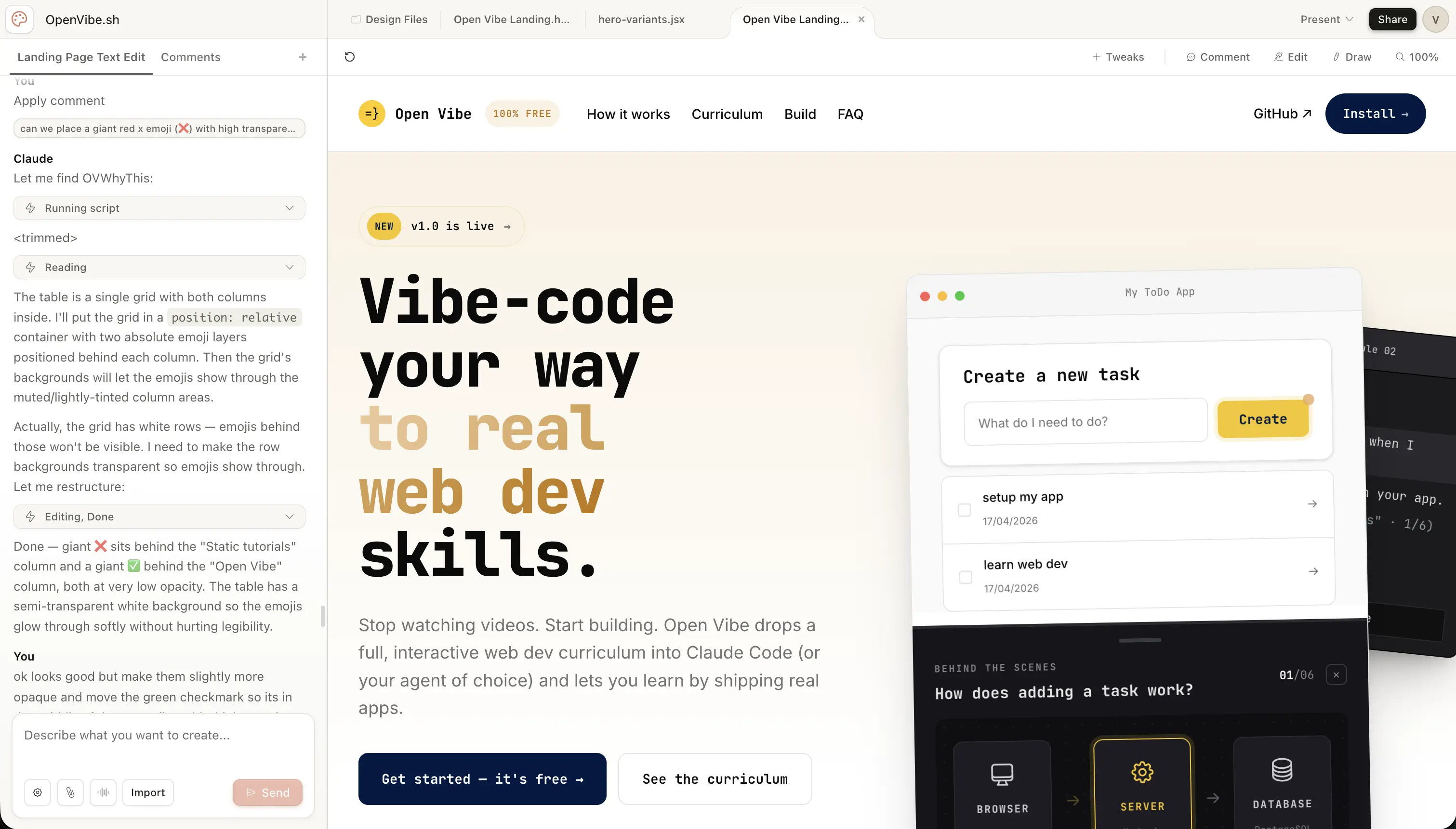 Using Claude Design to design a landing page for Open Vibe, our new vibe code course